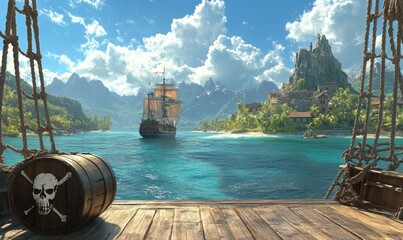 Fototapeta premium A background view from a pirate ship's deck looking towards a tropical island with a hidden Corsair treasure chest, featuring a battleship with a skull and crossbones, Generative AI