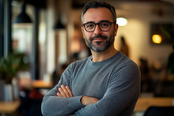 Fototapeta premium Portrait, glasses and business man with arms crossed in startup office for pride in career or job