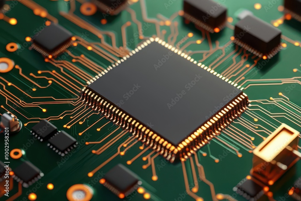 Poster 3d model of a circuit board with detailed component placement for manufacturing, circuit board, pcb 