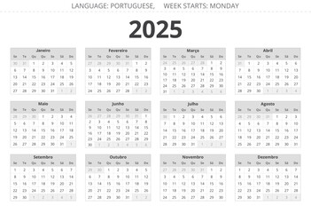 PORTUGUESE calendar for 2025 year. Printable vector illustration in grey colors for Portugal