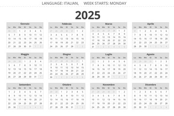 2025 year calendar. Italian language. 12 months. Printable vector illustration, grey color for Italy