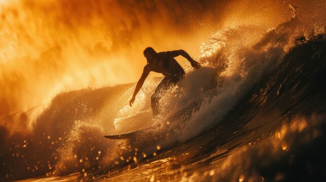 Determined Surfer Riding Waves at Sunrise with Splashing Golden Light and Mustache Visibility