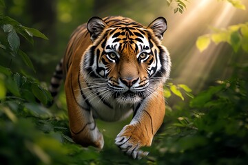 Fototapeta premium A majestic tiger prowling through a dense jungle, with sunlight breaking through the canopy and highlighting the tigerâ€™s striped fur