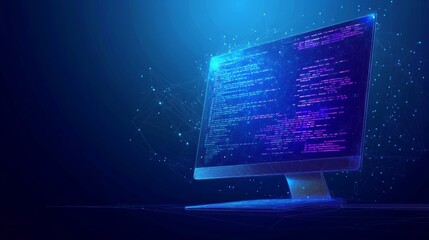 Digital programming code on the computer monitor screen. Abstract software or web development concept on dark blue technology background. Develop of application. Low poly wireframe vector illustration
