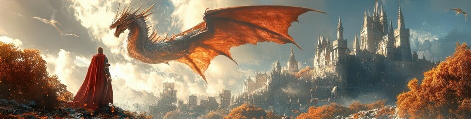 Majestic dragon over medieval castle, fantasy, rich colors, sketch
