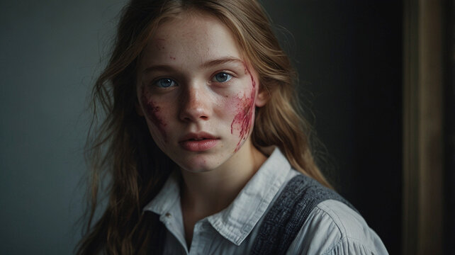 Portrait of a beautiful young girl with a scars and injures on her face. She is hurt, in pain and looking for help