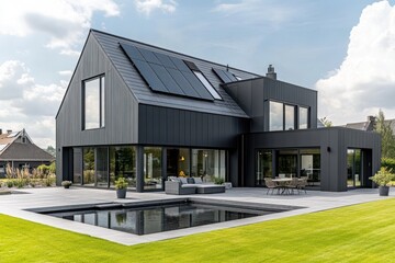 Modern black house with solar panels and large windows, energy-efficient home design