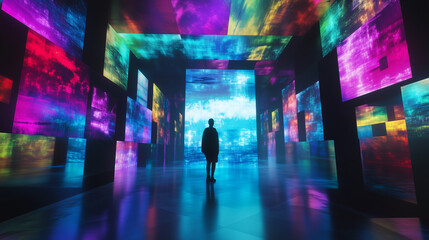 多数のディスプレイの中に没入する未来的な美術館もしくは博物館