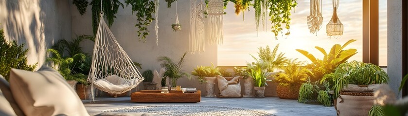 Bohemian Rooftop Garden with Hanging Plants and Macrame Decor in Warm Sunset Lighting