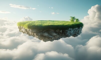 A 3D rendered image of a floating slice of land with a green grass surface, creating a surreal and isolated grass field floating in the air with, Generative AI