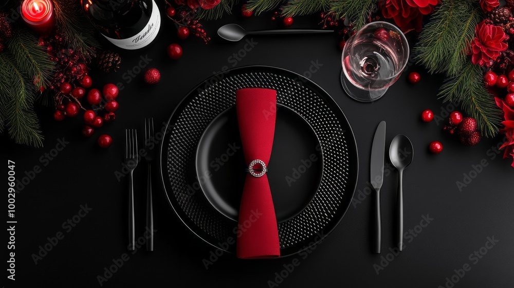 Poster A black and red table setting with a red napkin and a wine glass