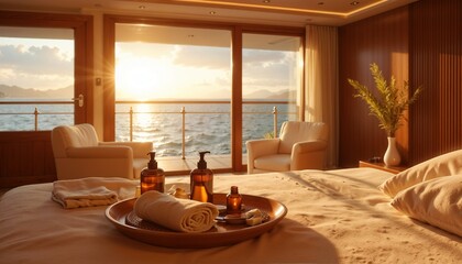 Fototapeta premium Luxurious spa interior on a ship with warm lighting and ocean backdrop 