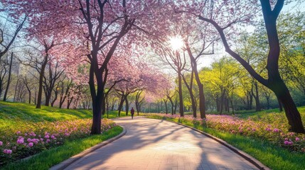 Naklejka premium A winding path through a park with cherry blossoms in full bloom, bathed in the warm glow of the morning sun.