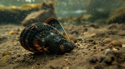 Obraz premium Close up of a thing on an underwater mussel on an earthy brown ground