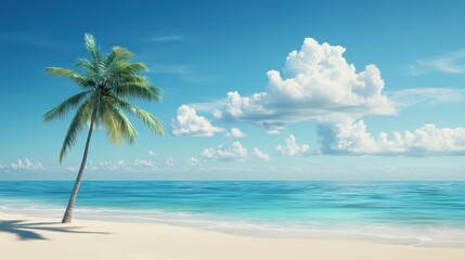 Fototapeta premium Tranquil Tropical Paradise with Elegant Palm Tree on White Sandy Beach