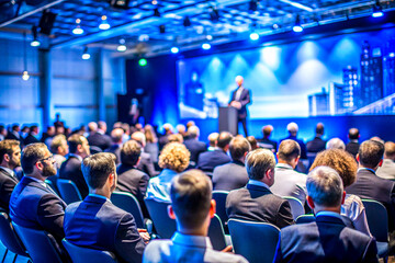 Naklejka premium Business Conference Speaker Presenting to a Large Audience in a Professional Setting, on dark blue background