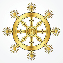 Golden Dharma wheel. Dharmachakra Buddhism sacred symbol. Isolated vector illustration