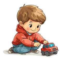 Happy Child Playing with Toy Car in Bright Outfit