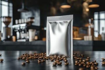 White coffee bag with resealable zipper and scattered beans in a minimalist barista shop