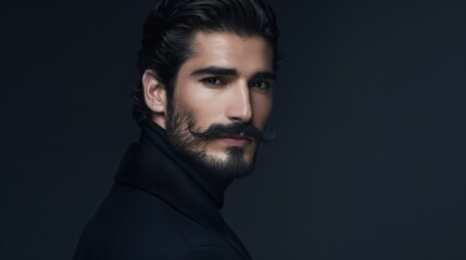 Obraz premium Elegant Men's Grooming Ad Featuring Model with Perfectly Groomed Mustache and Beard