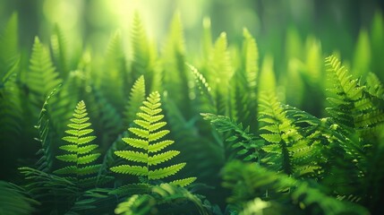 Lush green ferns illuminated by natural sunlight, showcasing beauty, vibrancy nature, symbolizing environmental sustainability, growth, balance of ecosystems in a peaceful setting.