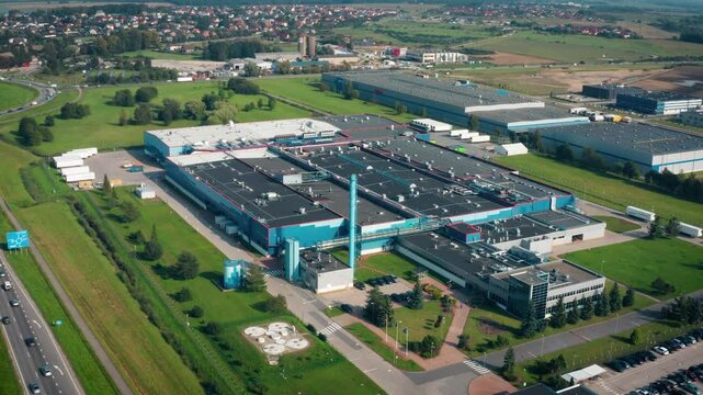 Klaipeda, Lithuania - 06 15 2024: Drone aerial view of Philip Morris International&rsquo;s factory in Lithuania. Tobacco Factory.
