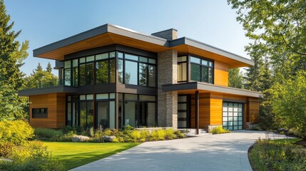 Modern home with large windows and wooden accents surrounded by greenery.
