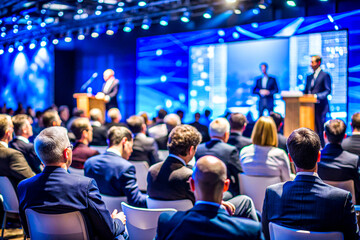 Business Conference Speaker Presenting to a Large Audience in a Professional Setting, on dark blue background