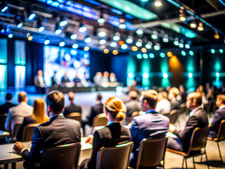 Business Conference Speaker Presenting to a Large Audience in a Professional Setting, on dark blue background