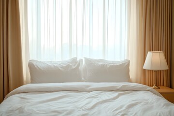 Cozy and Serene Bedroom with Dimly Lit Ambiance and Softly Draped Curtains - A tranquil and relaxing interior design featuring a bed with plush pillows,a lamp providing warm lighting.