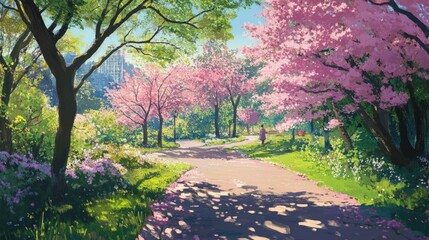 Fototapeta premium A winding path through a lush, green park with pink cherry blossom trees, surrounded by blooming flowers.