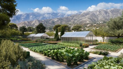 3D render of Apoplois greenhouses in the mountains with growing vegetables inside