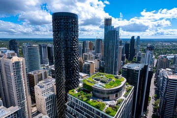 Obraz premium A modern urban skyline dominated by sleek, futuristic skyscrapers, with unique architecture and green rooftops creating a dynamic cityscape