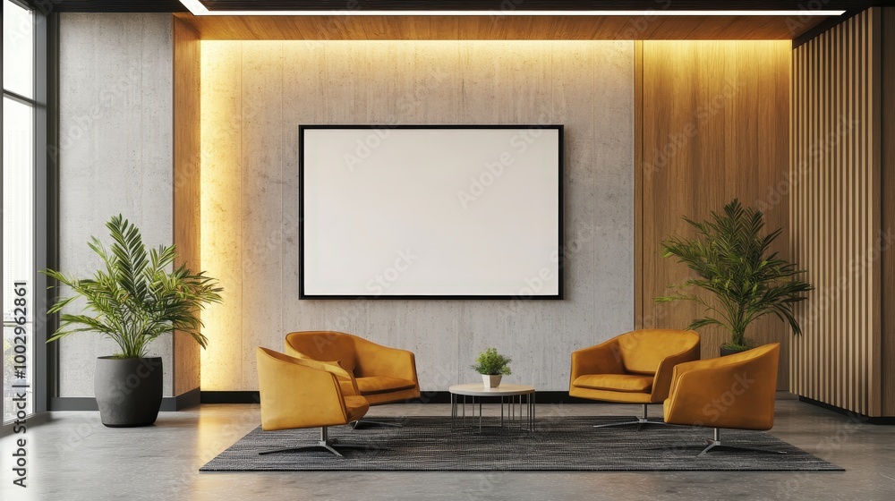 Poster sleek mockup of large empty frame in modern office setting with copy space for branding and artwork