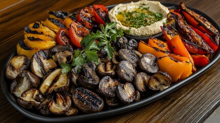 Fototapeta premium A colorful platter of grilled mushrooms, peppers, and eggplant, served with hummus, grilled vegetable platter, vegetarian appetizer.