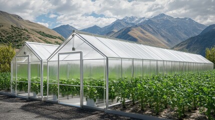 3D render of Apoplois greenhouses in the mountains with growing vegetables inside