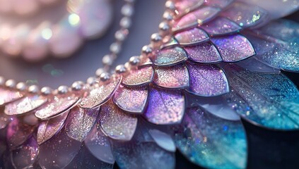 A close-up of the shimmering iridescent scales on mermaid necklaces, each...