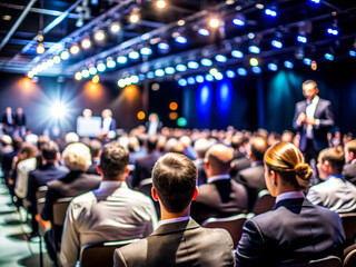 Business Conference Speaker Presenting to a Large Audience in a Professional Setting, on dark blue background