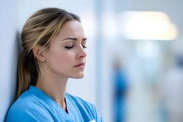 Fototapeta premium Weary healthcare professional with eyes closed leaning against hospital wall,feeling fatigued and stressed after an intense shift providing medical care.