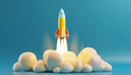 Rocket launching from clouds with blue background