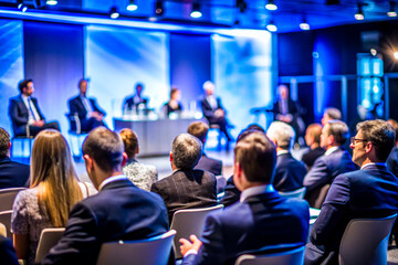 Business Conference Speaker Presenting to a Large Audience in a Professional Setting, on dark blue background