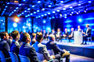 Business Conference Speaker Presenting to a Large Audience in a Professional Setting, on dark blue background
