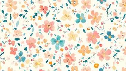 A seamless pattern of small, colorful flowers with pastel pink, orange, and...