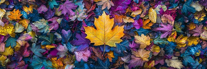 A vibrant display of autumn leaves in various colors, with one leaf standing...