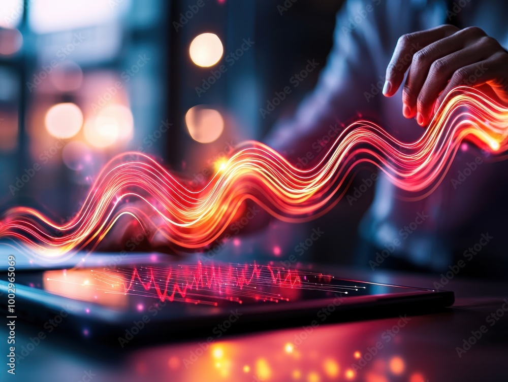 Poster hand on tablet with glowing data visualization.