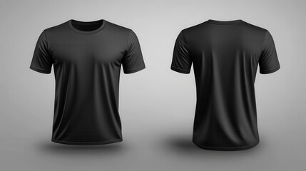 Black t-shirt mockup template, front and back views isolated on a gray background