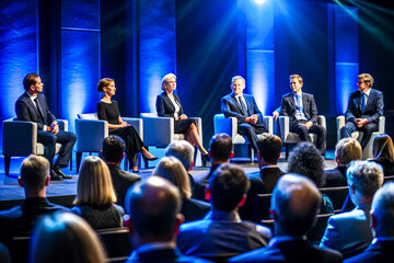 Business Conference Speaker Presenting to a Large Audience in a Professional Setting, on dark blue background