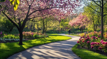 Fototapeta premium A person walks along a paved path through a park with blooming flowers and trees.