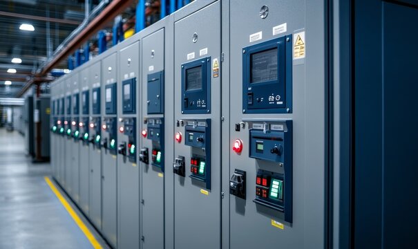 Electric control cabinet substation in a new factory plant, Generative AI