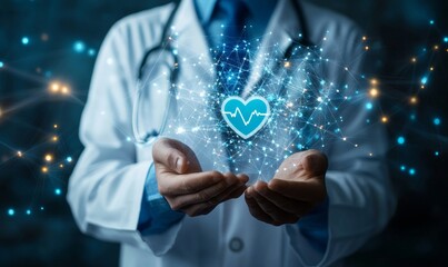 A doctor holds an icon representing health and an electronic medical record on a virtual interface, discussing digital healthcare and network, Generative AI